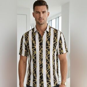 NWT BAROQUE GOLD Black and White Striped Men's Shirt with Gold Chain Pattern 2XL